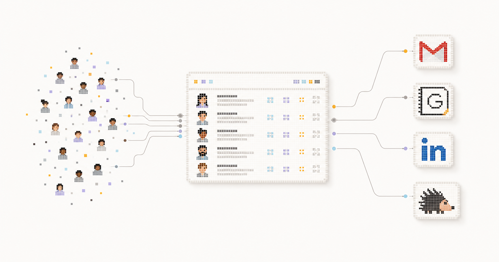 A go-to-market loop: website visitors flow into an ICP app, then outreach, meetings, and scheduling, all connected