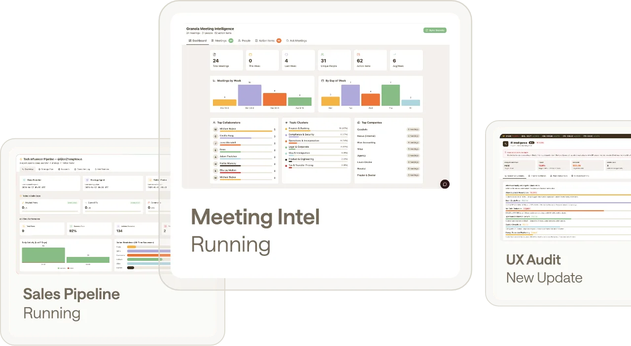 Three running app cards: Sales Pipeline, Meeting Intel, and UX Audit.
